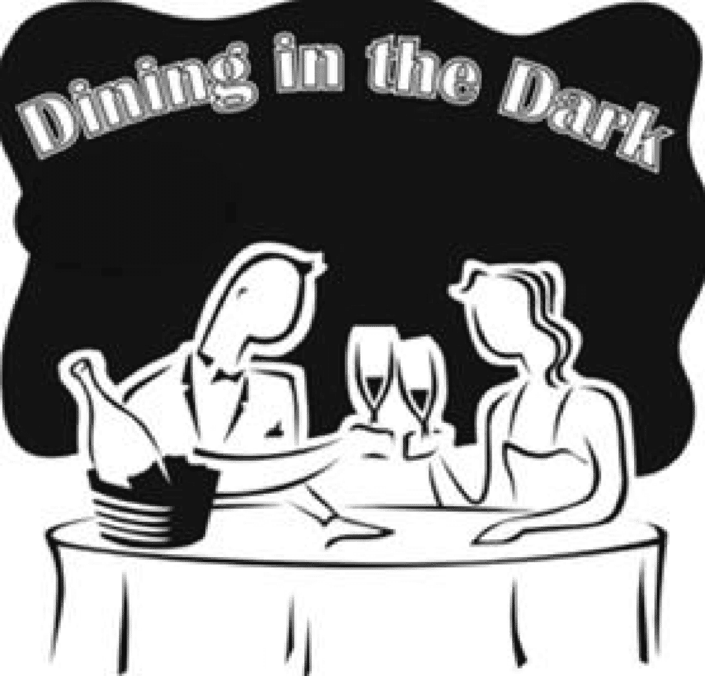black and white illustration of two people dining in the dark