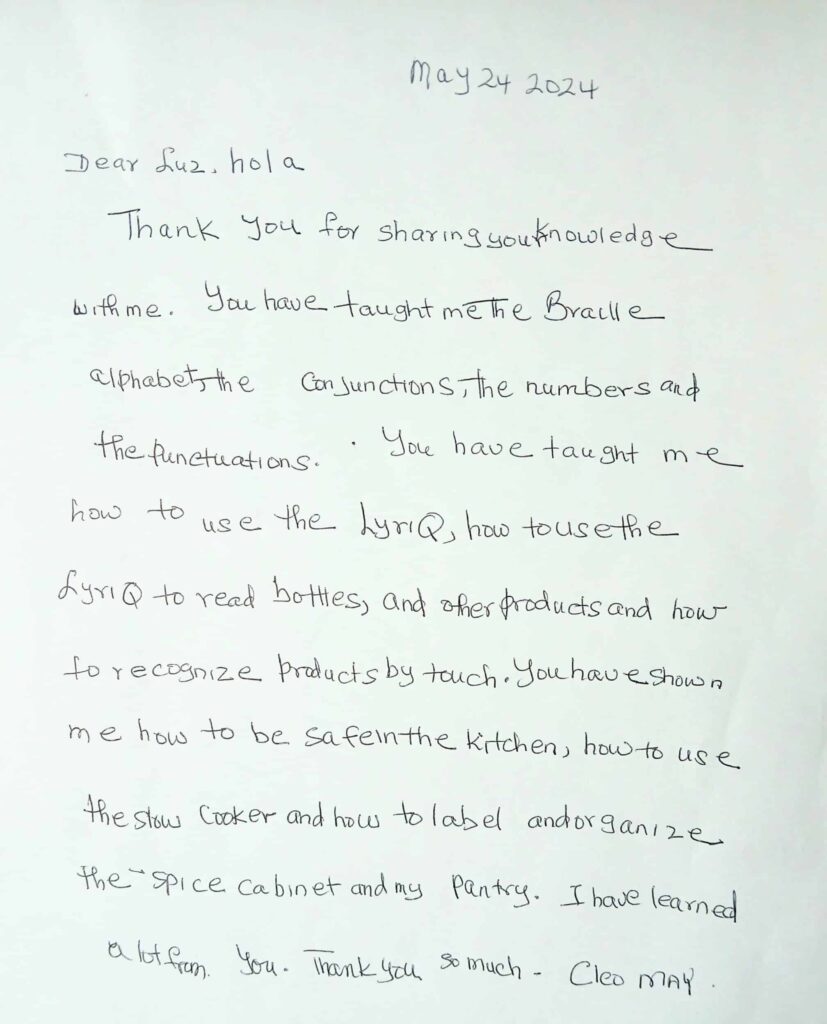 A hand written thank you note