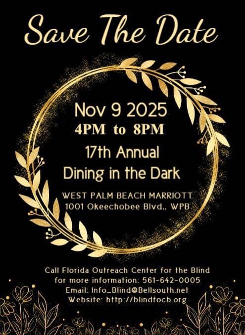 Save the Date flyer with black background and gold writing