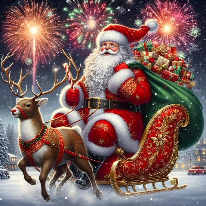 Santa Claus sitting in sleigh with a reindeer in front and fireworks in background