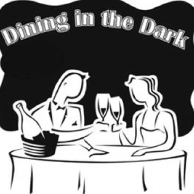 black and white illustration of two people dining in the dark